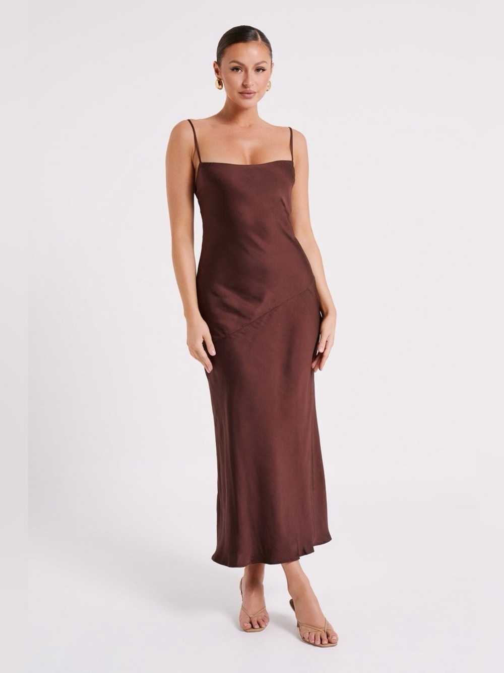 MESHKI Brynlee Low Back Chocolate Brown Satin Slip Midi Dress XXS
